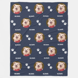 Dog Photo Pet Name Paw Prints Navy Fleece Blanket