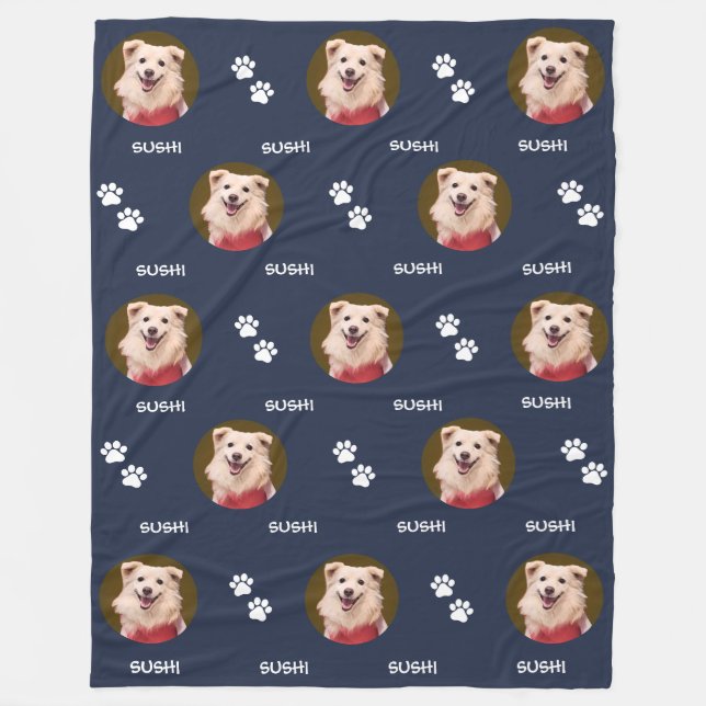 Dog Photo Pet Name Paw Prints Navy Fleece Blanket (Front)