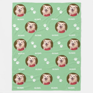 Dog Photo Pet Name Paws Mint Green Fleece Blanket