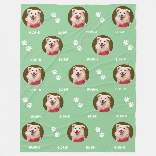 Dog Photo Pet Name Paws Mint Green Fleece Blanket (Front)
