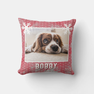 Dog Photo Pet Name Snowflake Watercolor Christmas Cushion