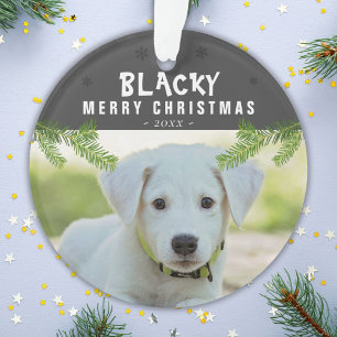 Dog Photo Pine Branch Snowflakes Merry Christmas Ornament