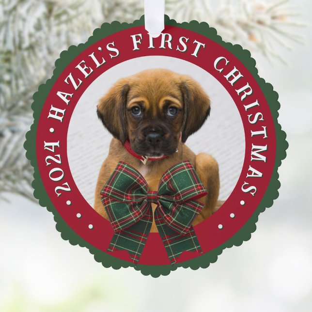 Dog Photo Plaid Bow Christmas Paper Ornament Card (Creator Uploaded)