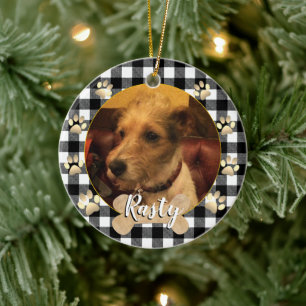  Dog photo, Puppy, bone, paws, white buffalo Plaid Ceramic Ornament