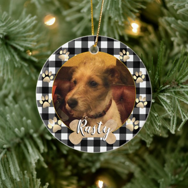 Dog photo, Puppy, bone, paws, white buffalo Plaid Ceramic Ornament (Tree)