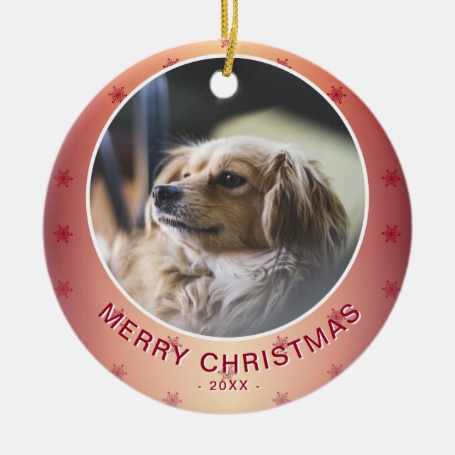 Dog Photo Red Snowflake Metallic Christmas Ceramic Ornament (Front)