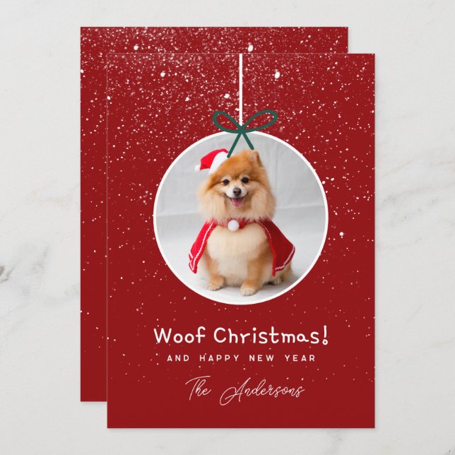 Dog Photo Snow Red Woof  Christmas  Holiday Card (Front/Back)