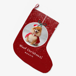 Dog Photo Snow Red Woof Christmas Holiday  Large Christmas Stocking
