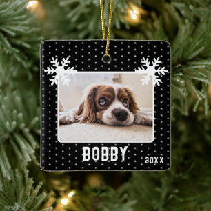 Dog Photo Snowflakes Black Pet Name Ceramic Ornament