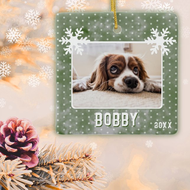 Dog Photo Snowflakes Green Pet Name Christmas Ceramic Ornament (Creator Uploaded)
