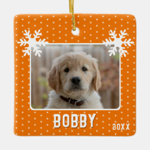 Dog Photo Snowflakes Orange Pet Name Christmas Ceramic Ornament
