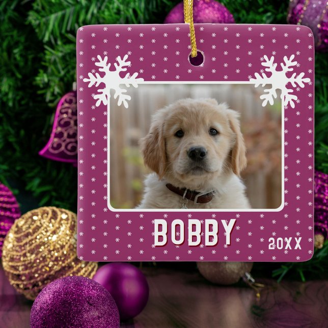 Dog Photo Snowflakes Purple Pet Name Christmas  Ceramic Ornament (Creator Uploaded)
