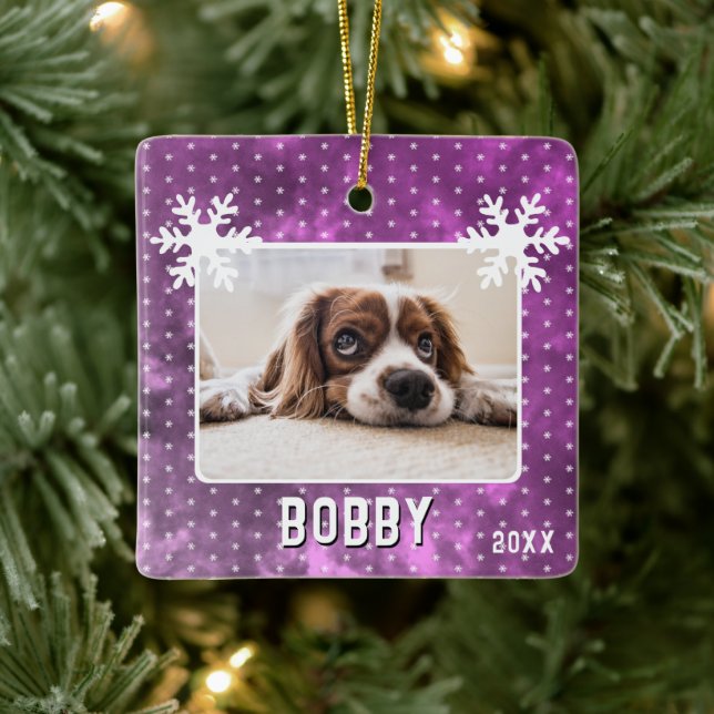 Dog Photo Snowflakes Purple Pet Name Christmas Ceramic Ornament (Tree)