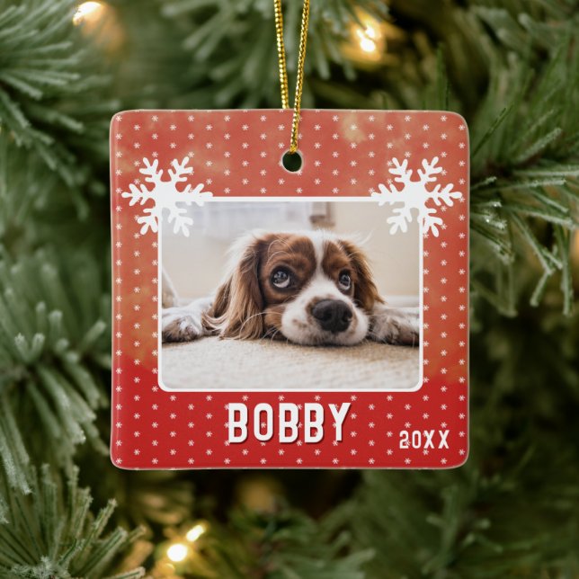 Dog Photo Snowflakes Red Pet Name Christmas Ceramic Ornament (Tree)