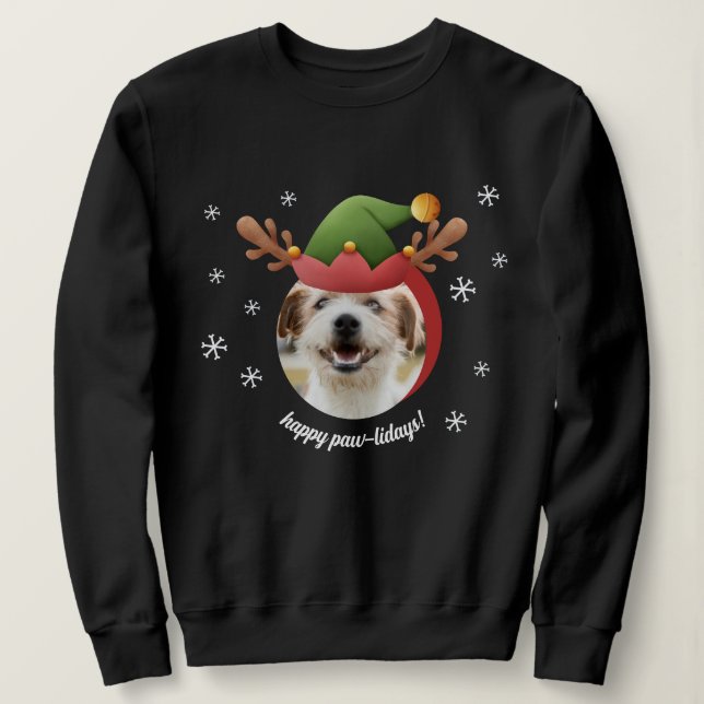Dog Photo w/ Elf Reindeer Antler Hat Christmas Sweatshirt (Design Front)