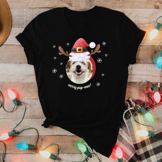 Dog Photo w/ Santa Reindeer Antler Hat Christmas T-Shirt (Creator Uploaded)