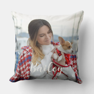 Dog Photo White Text Script Accent Throw Pillow