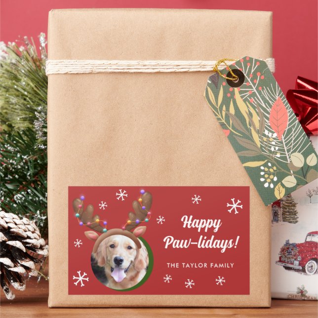 Dog Photo with Reindeer Antler Hat Christmas Rectangular Sticker (Holiday)