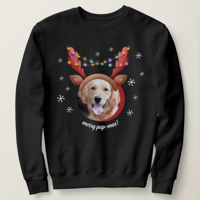 Dog Photo with Reindeer Antler Hat Merry Christmas Sweatshirt (Design Front)