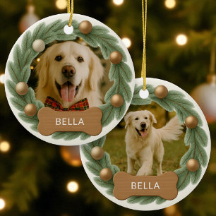 Dog Photo Wreath Custom Name Holiday Christmas Ceramic Ornament
