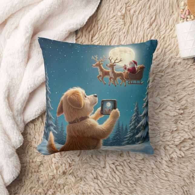 Dog Photographing Santa Claus In Sleigh Cushion (Blanket)