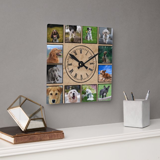 Dog Photos Collage on Parchment Paper Background Square Wall Clock (Office)