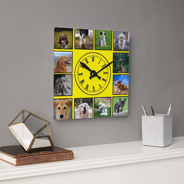 Dog Photos Collage on Yellow Background Square Wall Clock (Office)