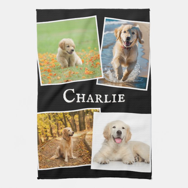 Dog Photos Pet Picture Collage Custom Name Black Tea Towel (Vertical)