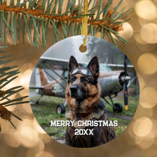 Dog Pilot Aeroplane Funny Aviation Photo Christmas Ceramic Ornament
