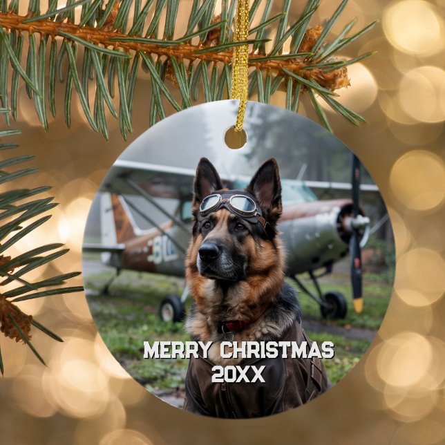 Dog Pilot Aeroplane Funny Aviation Photo Christmas Ceramic Ornament (Creator Uploaded)