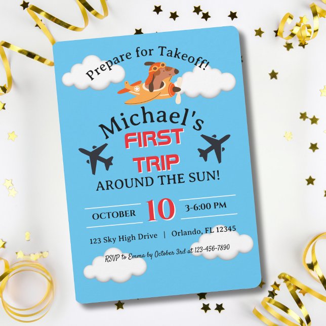 Dog Pilot Flying Aeroplane, Cute Fun Kids Birthday Invitation (Creator Uploaded)