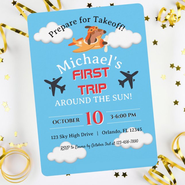 Dog Pilot Flying Aeroplane, Cute Fun Kids Birthday Invitation (Creator Uploaded)