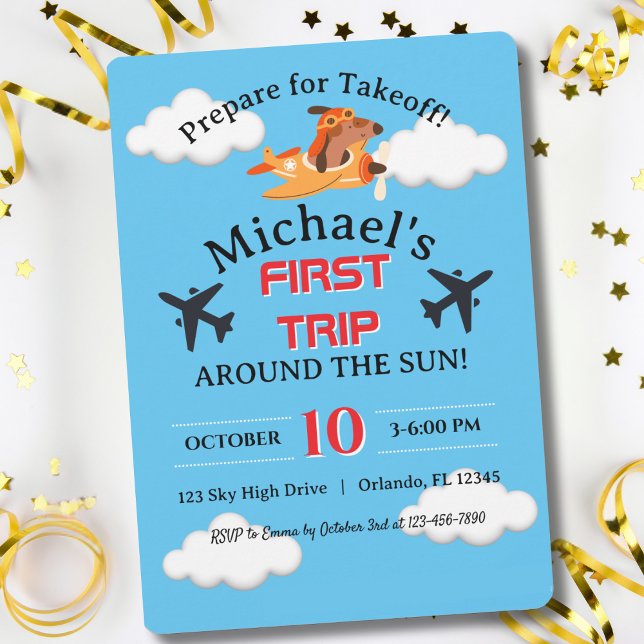 Dog Pilot Flying Aeroplane, Cute Fun Kids Birthday Invitation (Creator Uploaded)