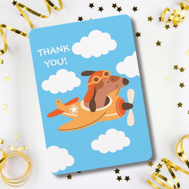 Dog Pilot Flying Aeroplane, Cute Fun Kids Birthday Thank You Card (Creator Uploaded)