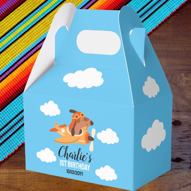Dog Pilot Flying Aeroplane,Cute Kids Blue Birthday Favour Box (Creator Uploaded)