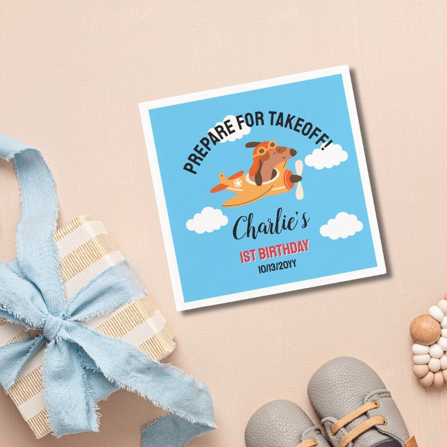 Dog Pilot Flying Aeroplane,Cute Kids Blue Birthday Napkin (Creator Uploaded)