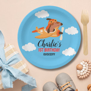Dog Pilot Flying Aeroplane,Cute Kids Blue Birthday Paper Plate
