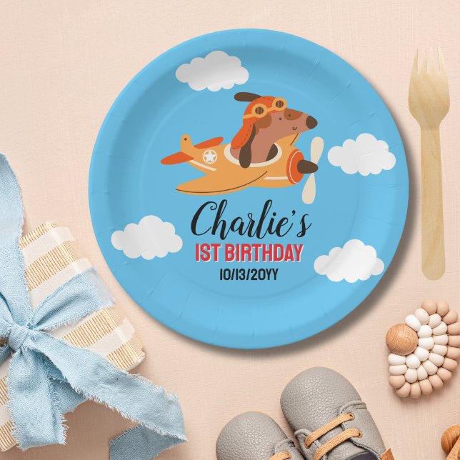 Dog Pilot Flying Aeroplane,Cute Kids Blue Birthday Paper Plate (Creator Uploaded)