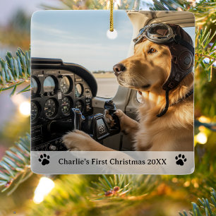 Dog Pilot Photo First Christmas Name Year Aviator  Ceramic Ornament