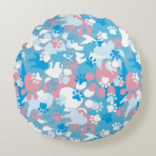 Dog Pink and Blue Camouflage Pattern Round Cushion