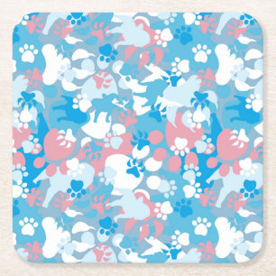 Dog Pink and Blue Camouflage Pattern Square Paper Coaster