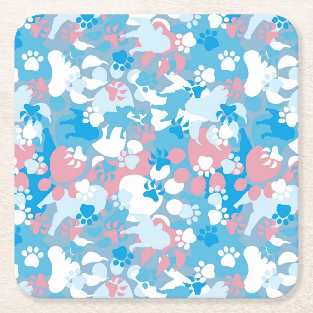 Dog Pink and Blue Camouflage Pattern Square Paper Coaster (Front)