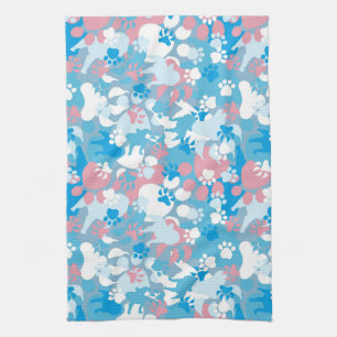 Dog Pink and Blue Camouflage Pattern Tea Towel