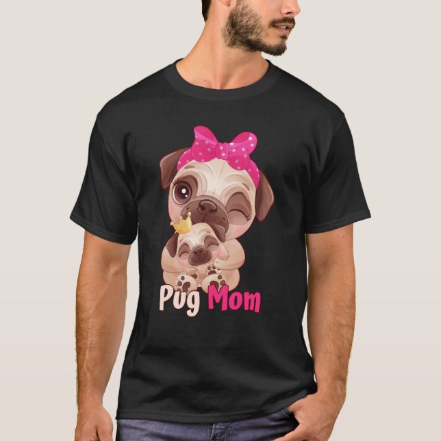 Dog  Pink Bow Cute Pug Mom T-Shirt (Front)