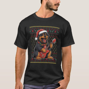 Dog Playing Guitar Santa Hat Xmas Ugly Rottweiler T-Shirt