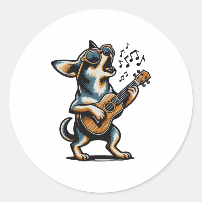 Dog Playing Guitar Singing Chihuahua Funny Dog Mar Classic Round Sticker (Front)