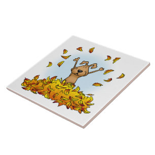 Dog Playing in a Pile of Fall Leaves - Cute Autumn Ceramic Tile