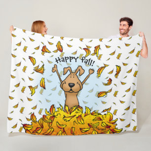 Dog Playing in a Pile of Fall Leaves - Cute Autumn Fleece Blanket
