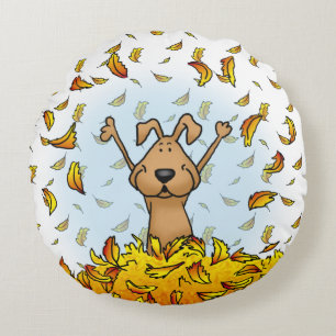 Dog Playing in a Pile of Fall Leaves - Cute Autumn Round Cushion