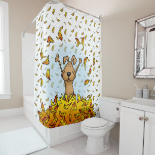 Dog Playing in a Pile of Fall Leaves - Cute Autumn Shower Curtain
